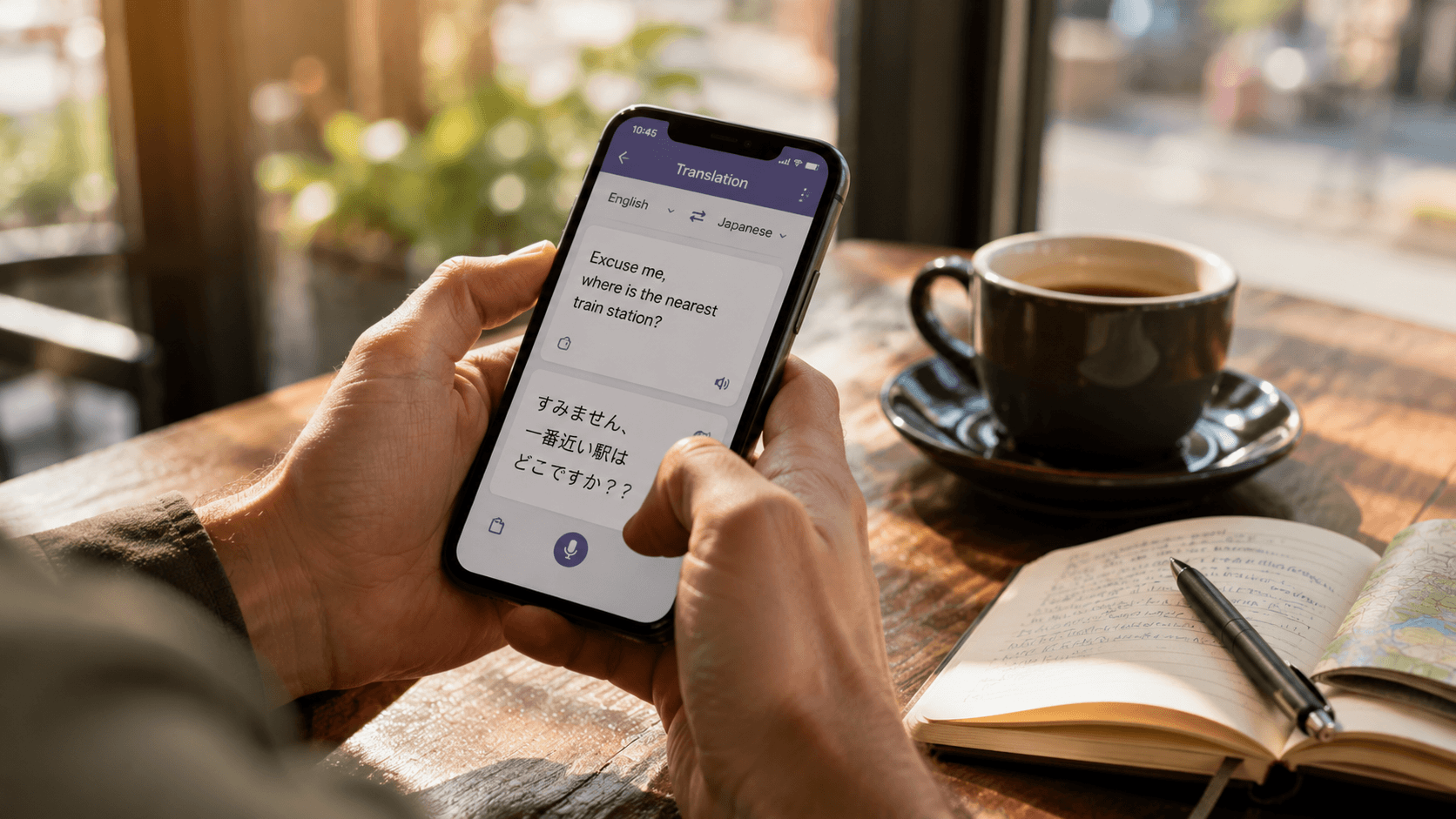 カフェで翻訳アプリを使う訪日外国人観光客の手元