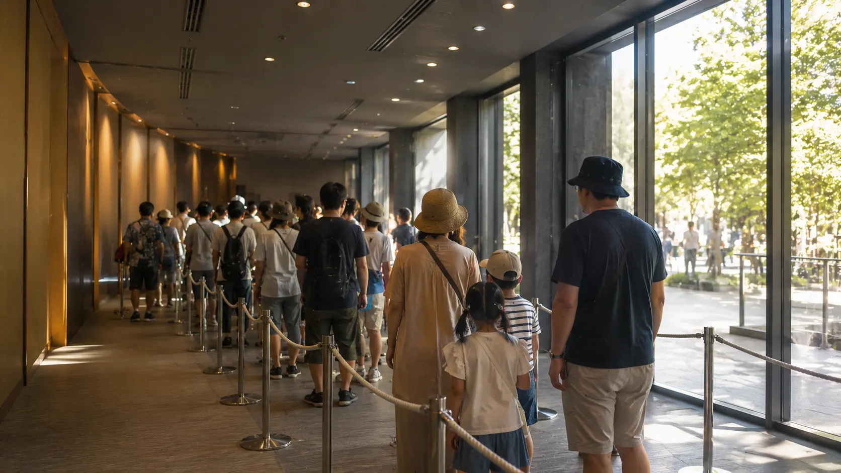 冷房の効いた屋内施設の待機列で、家族連れが涼みながら順番を待っている様子