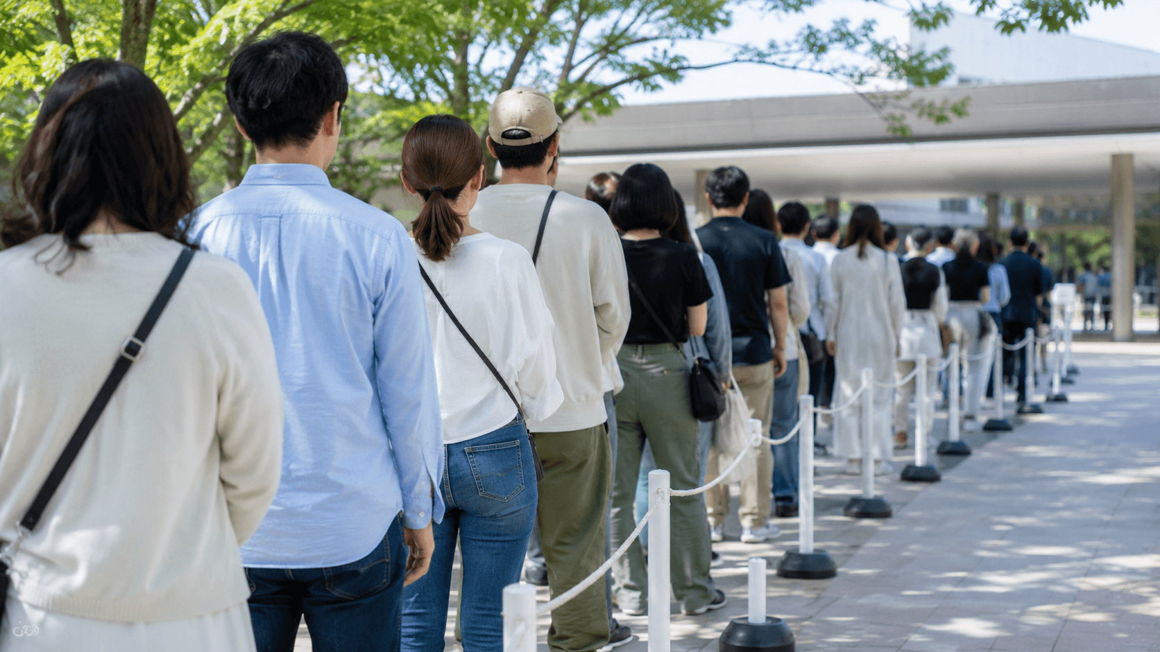 Visitors lining up in an orderly queue at a theme park