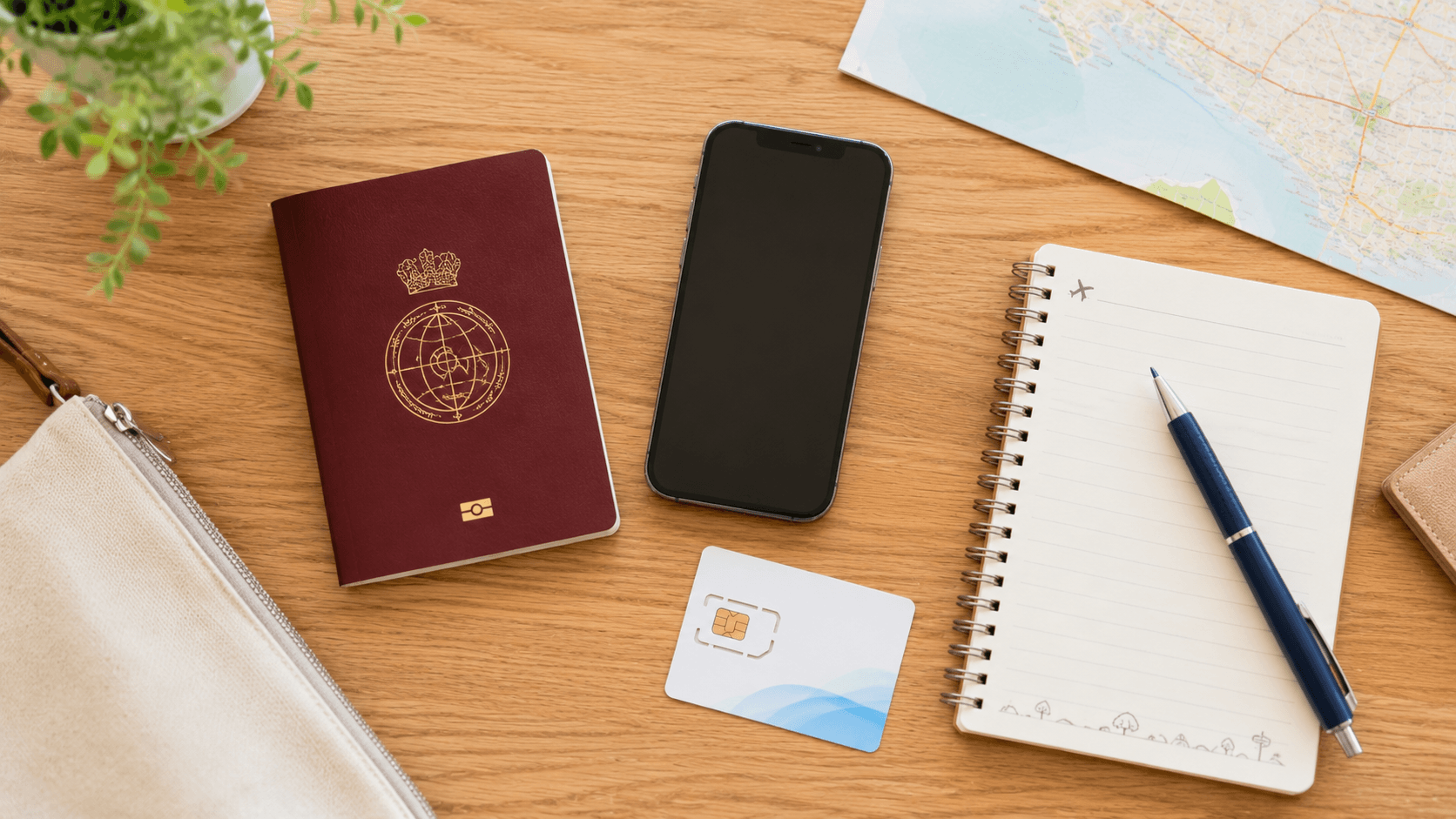 A passport, smartphone, and SIM card laid out together while preparing for a trip