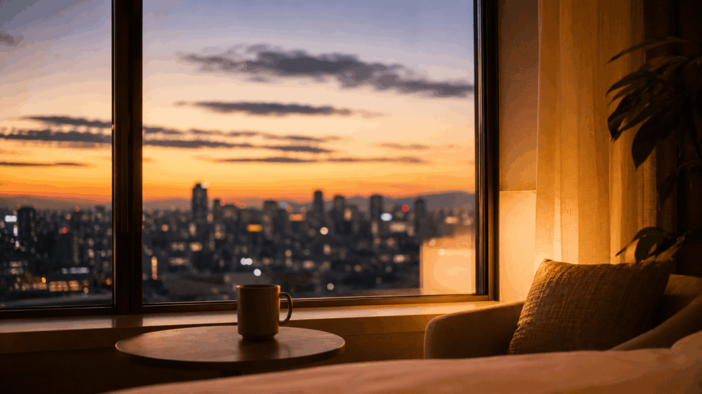 名古屋港エリアの夜景とホテルの窓辺の落ち着いた風景