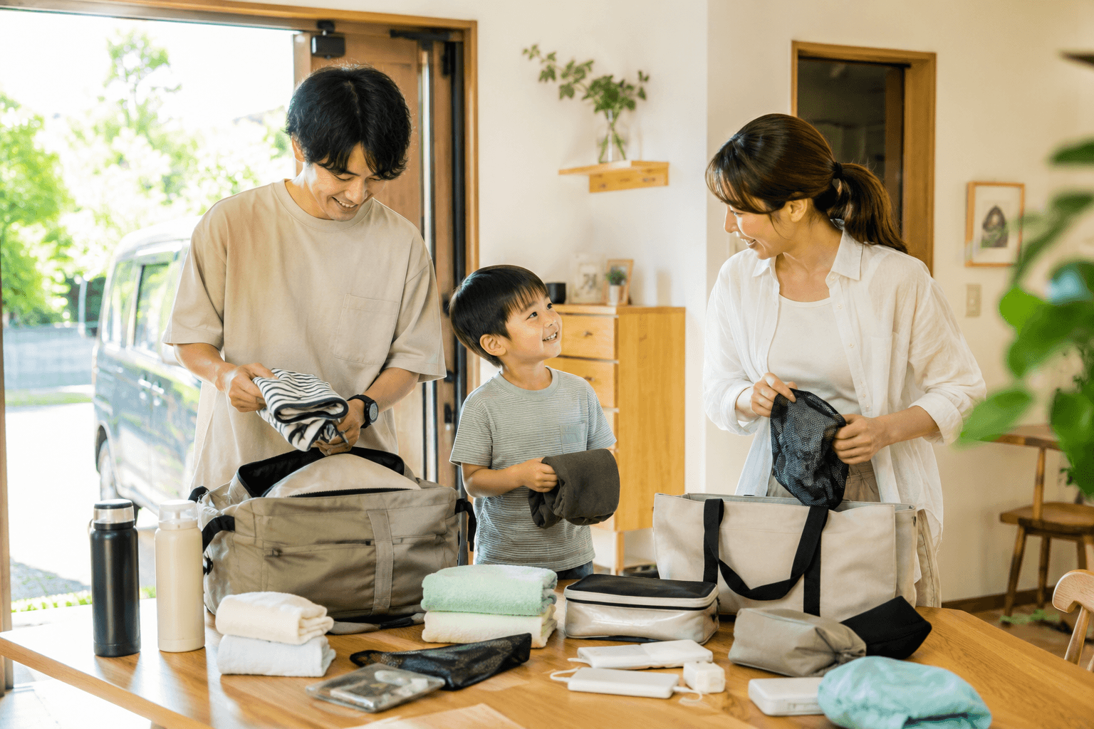 夏のテーマパークに向かう家族の荷物パッキング