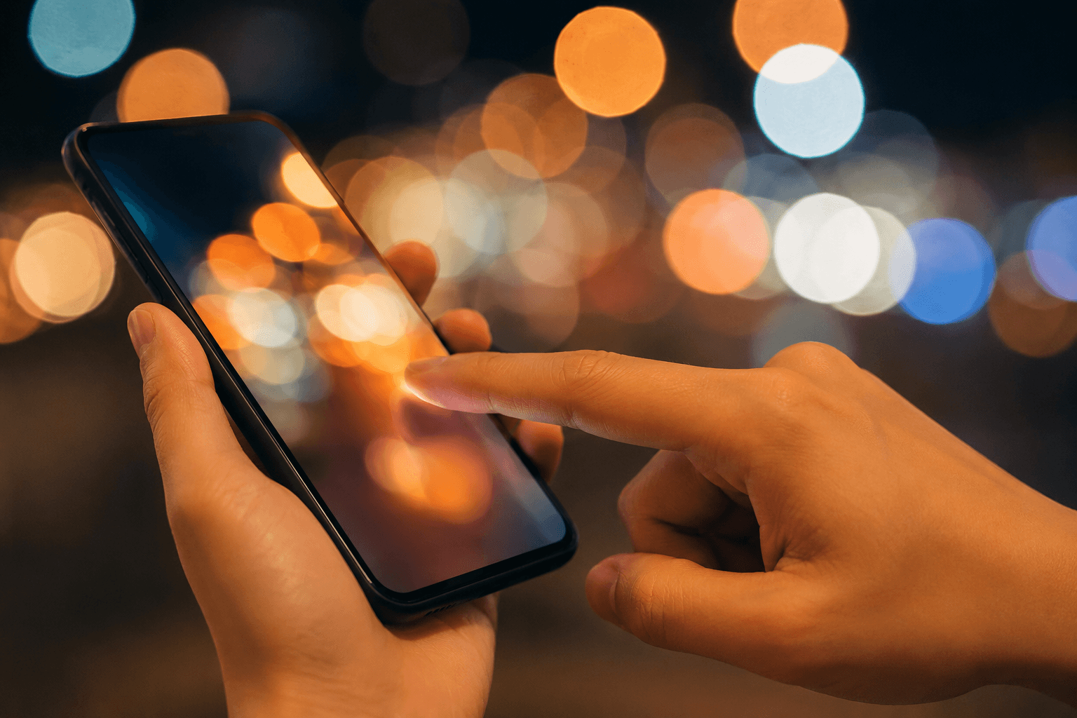 スマホで夜景を撮影する手元のクローズアップ・画面をタップする指