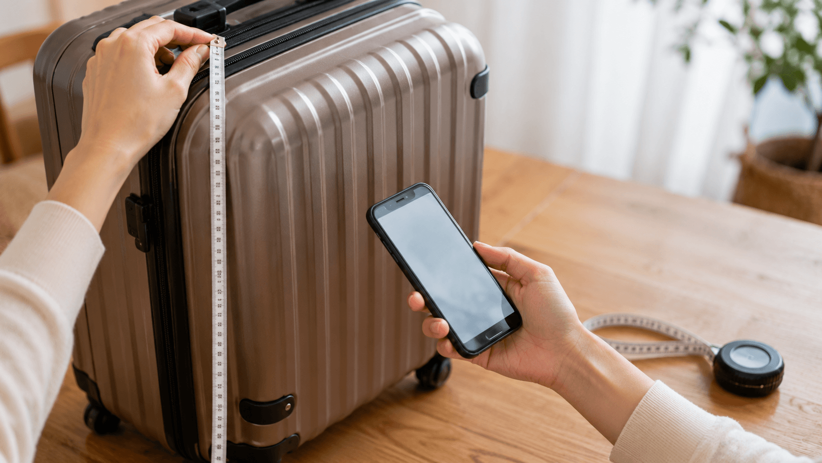 Measuring the three dimensions of a large suitcase with a tape measure while reserving a Shinkansen seat