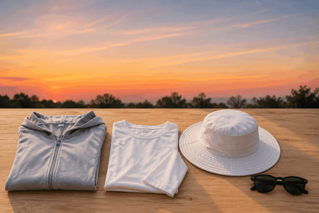 夏の夕暮れの空とUVカットパーカー・接触冷感ロングTシャツの物撮り、暑さを避ける夕方〜夜の時間帯のイメージ