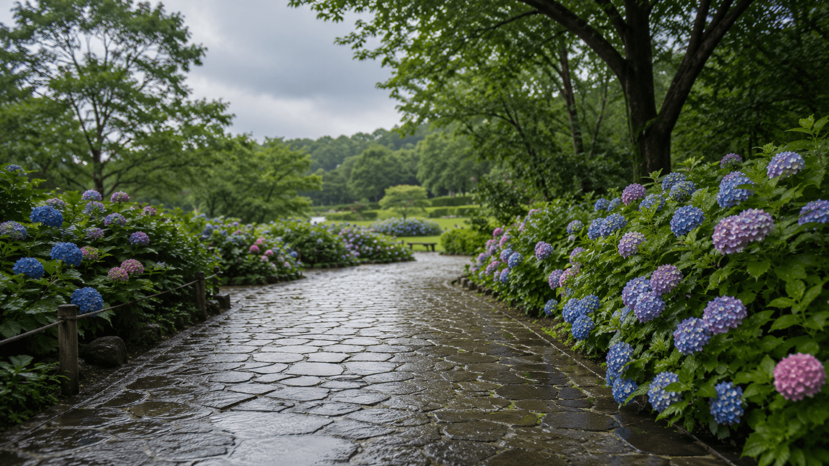 6月の梅雨時期に紫陽花が咲く日本の公園の石畳の小道