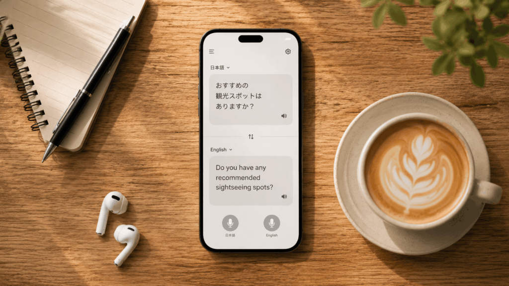 スマホの翻訳アプリ画面とコーヒーカップの俯瞰物撮り