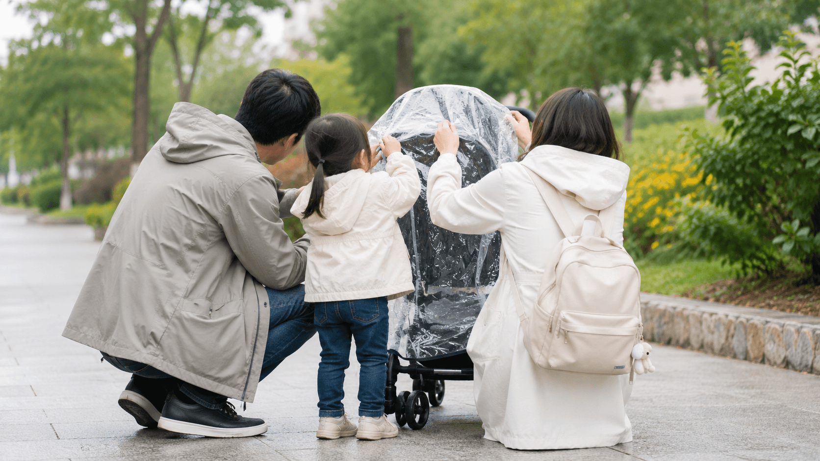 USJ雨の日に4歳とベビーカーで過ごす家族のレインカバー装着イメージ写真