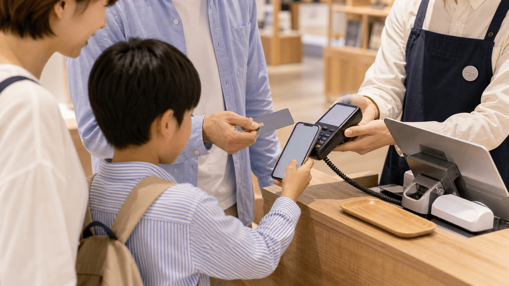 ディズニーリゾートのレジ前で家族がスマホ画面を確認しながら支払い方法を選んでいるイメージ