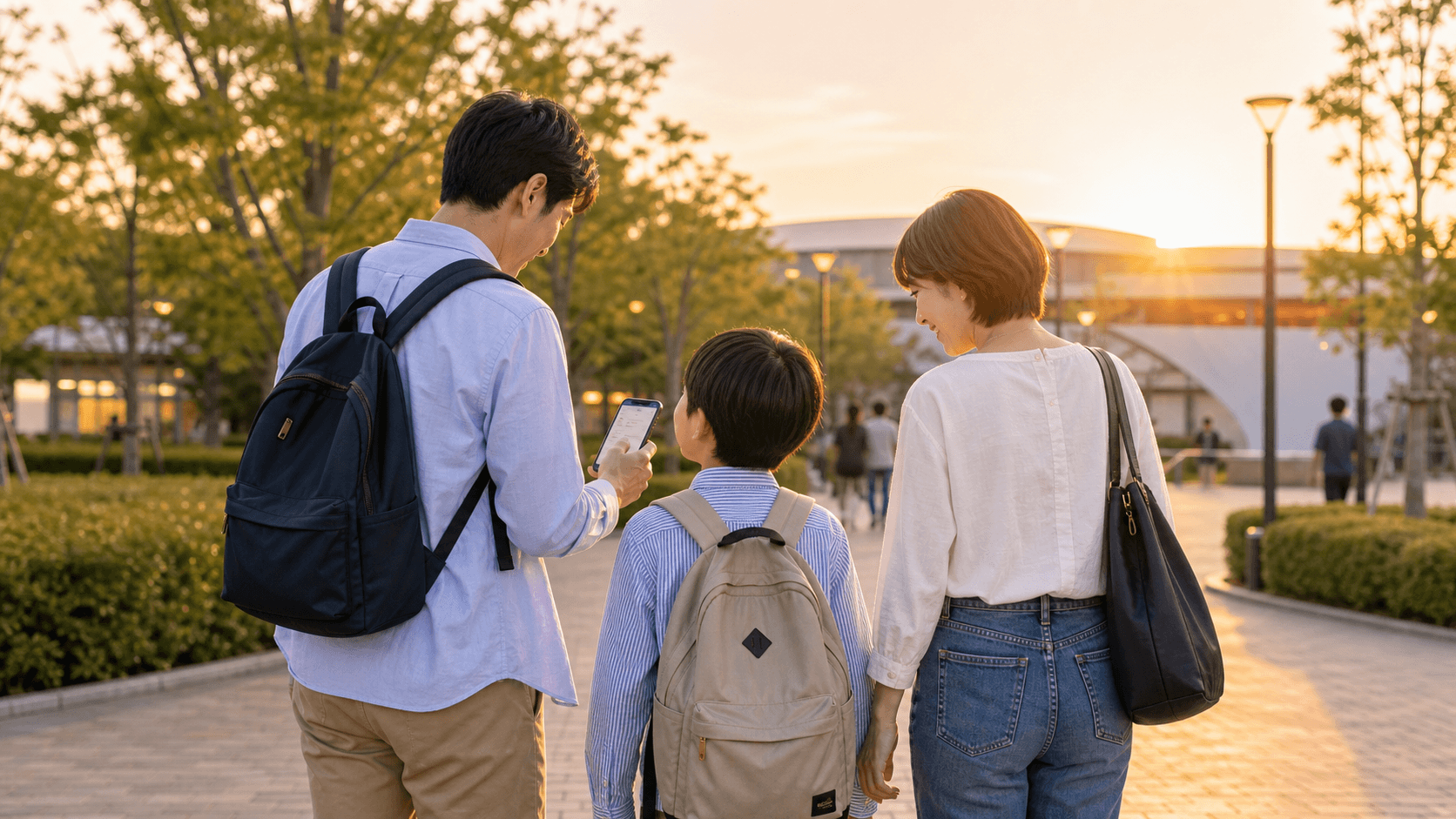 ディズニー旅行後に家族でスマホの決済履歴を確認しながら帰路につく明るいイメージ