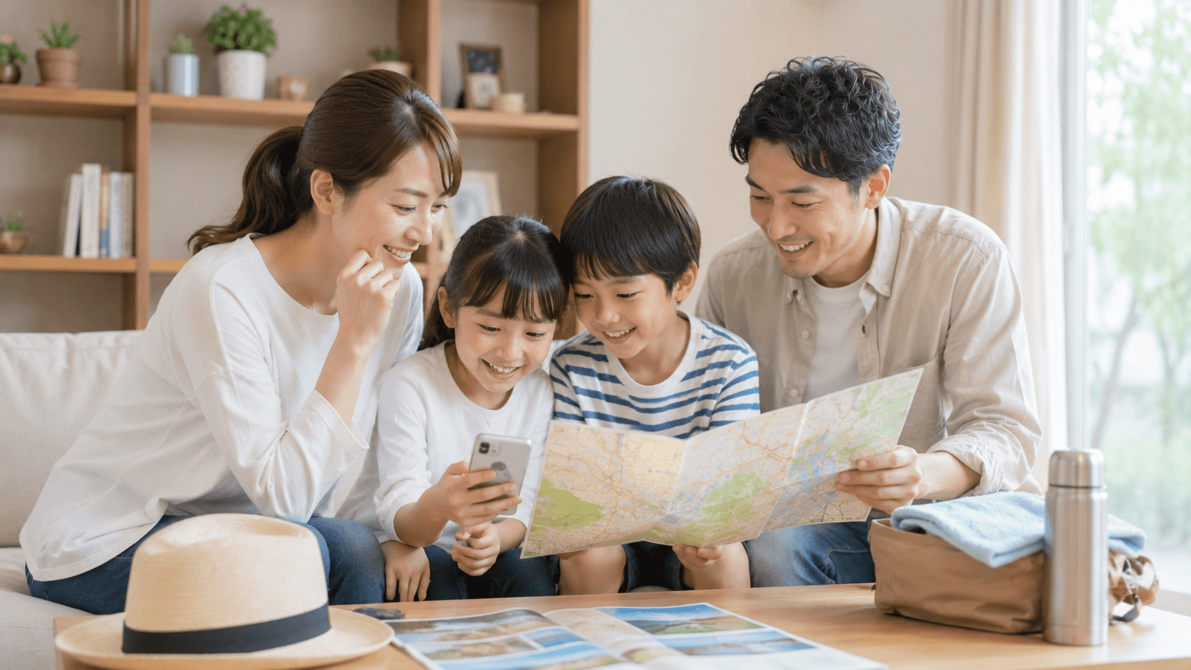 家族でテーマパークのおでかけ先を選ぶイメージ
