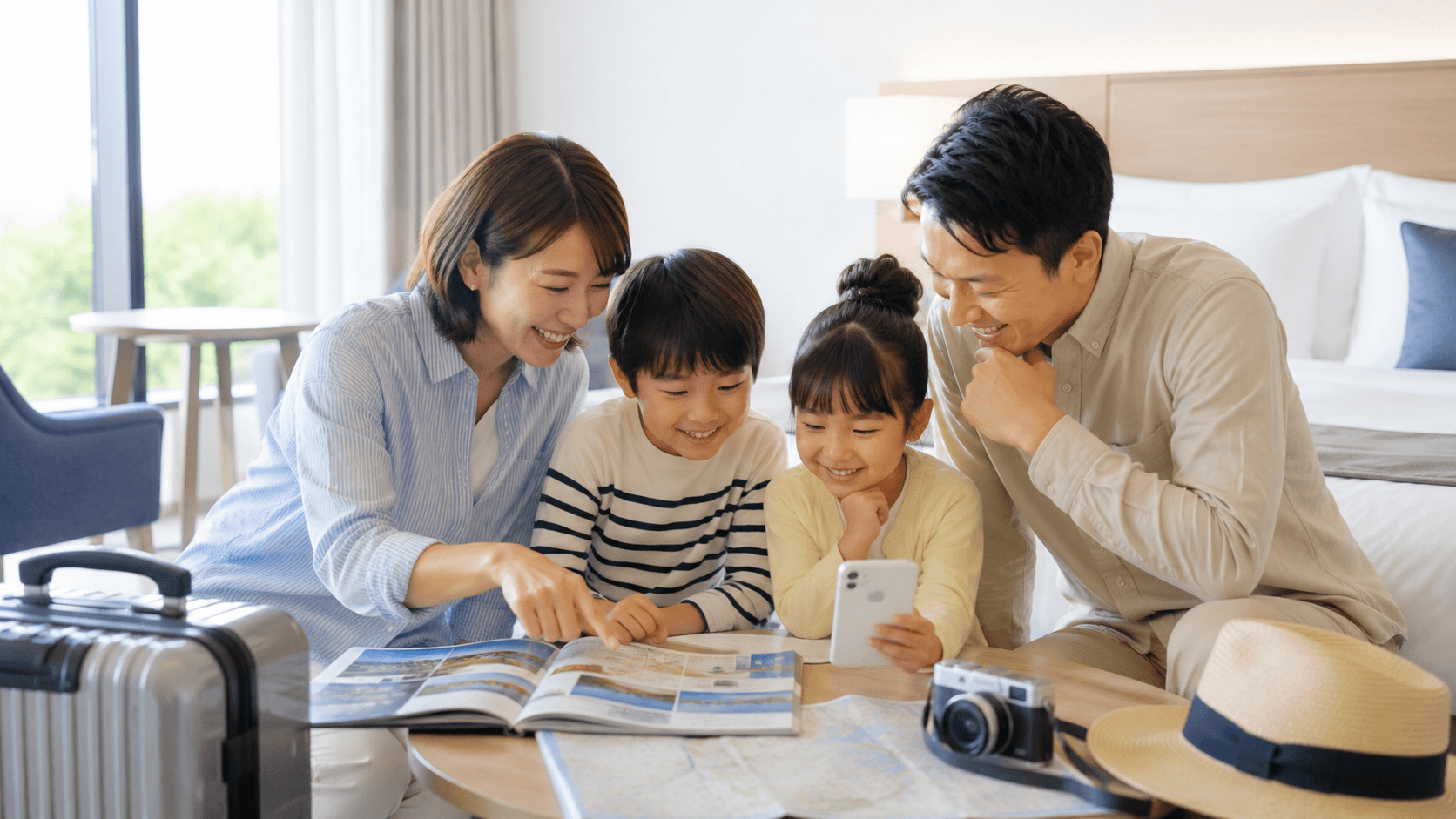 ホテルの部屋で旅行の計画を立てる家族のイメージ