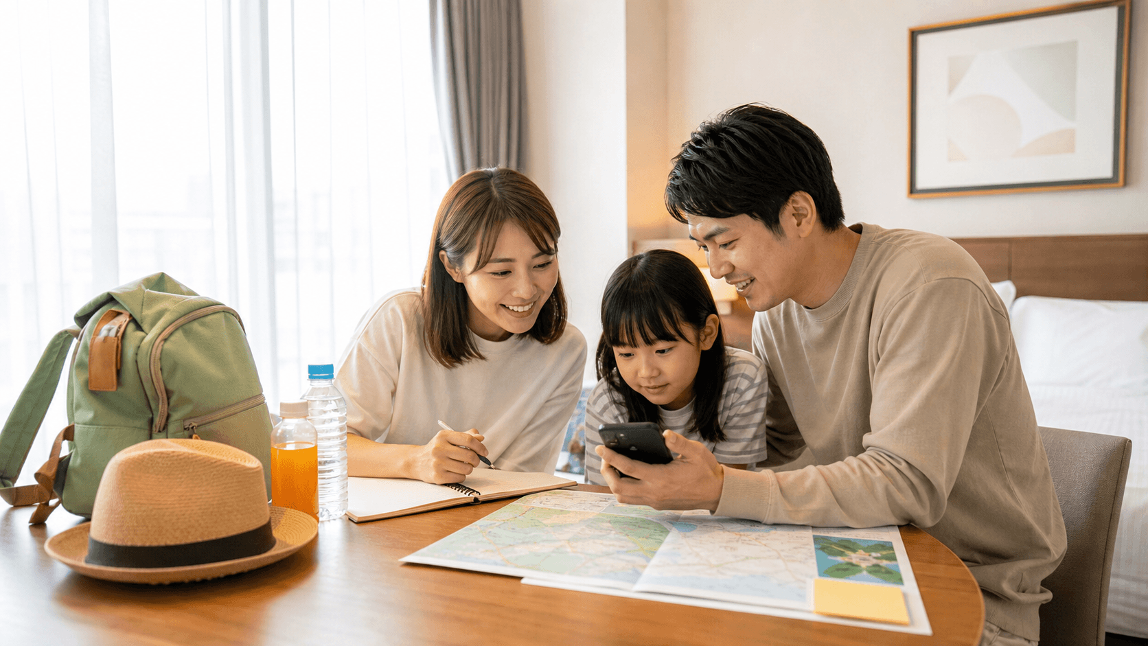 子連れ旅行のホテルを比較する家族のイメージ