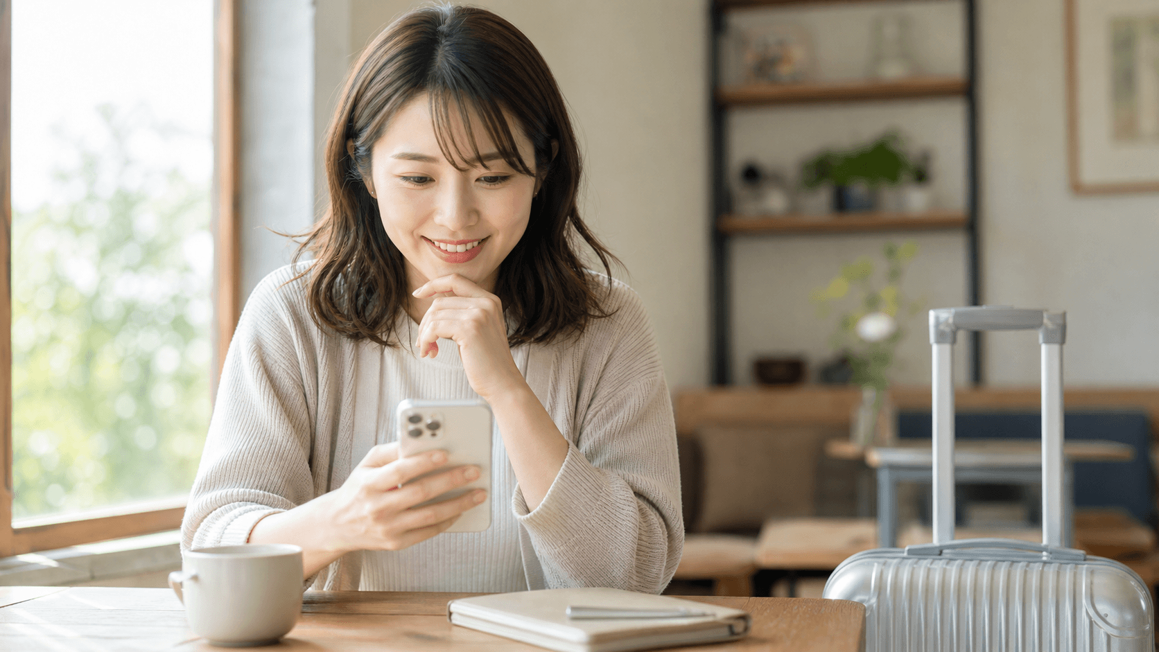 An image of a traveler checking a hotel booking on a smartphone