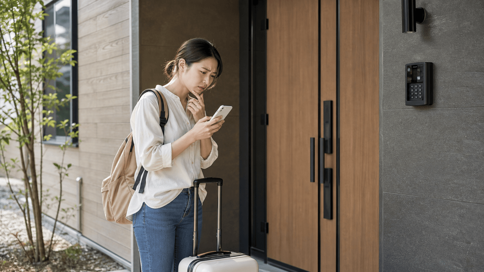An image of a traveler having trouble checking in at their accommodation