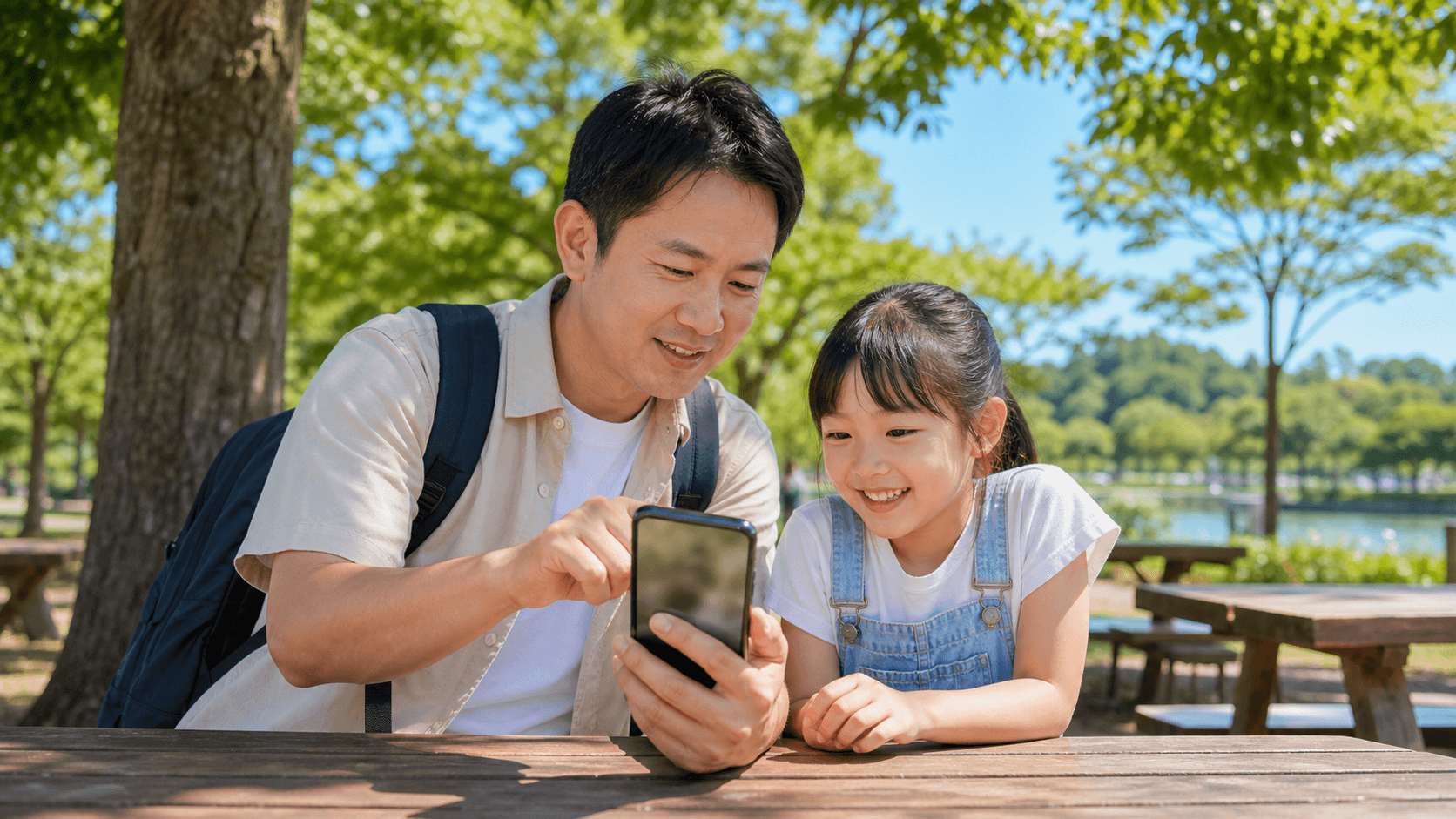 親子でスマートフォンを見ながら園内マップを確認している場面(イメージ・写真風AI画像)