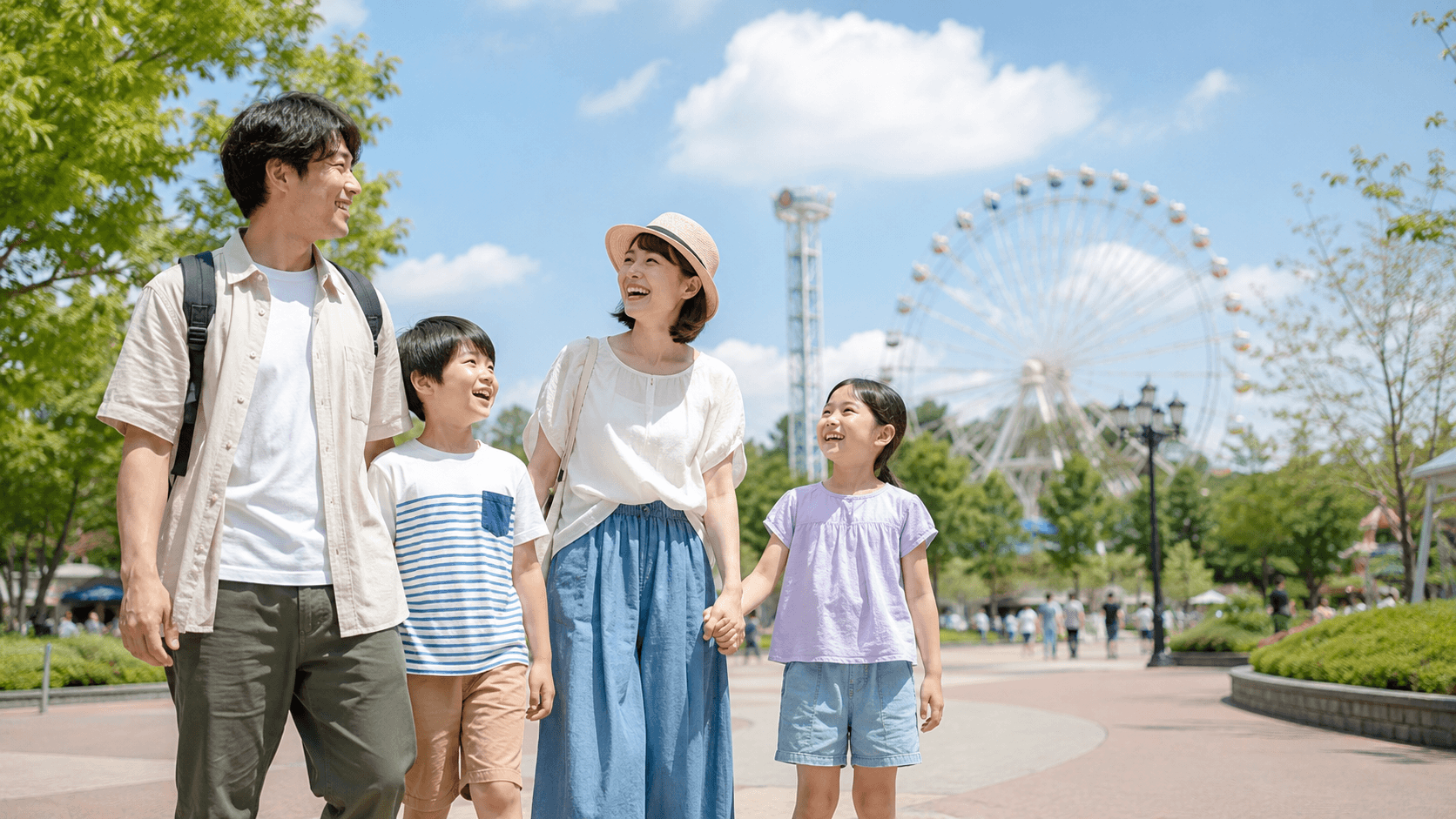 夏休みに家族でテーマパークを楽しむ場面(イメージ・写真風AI画像)