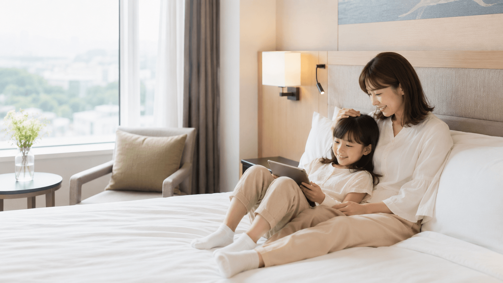 親子でホテルの客室でくつろいでいるイメージ