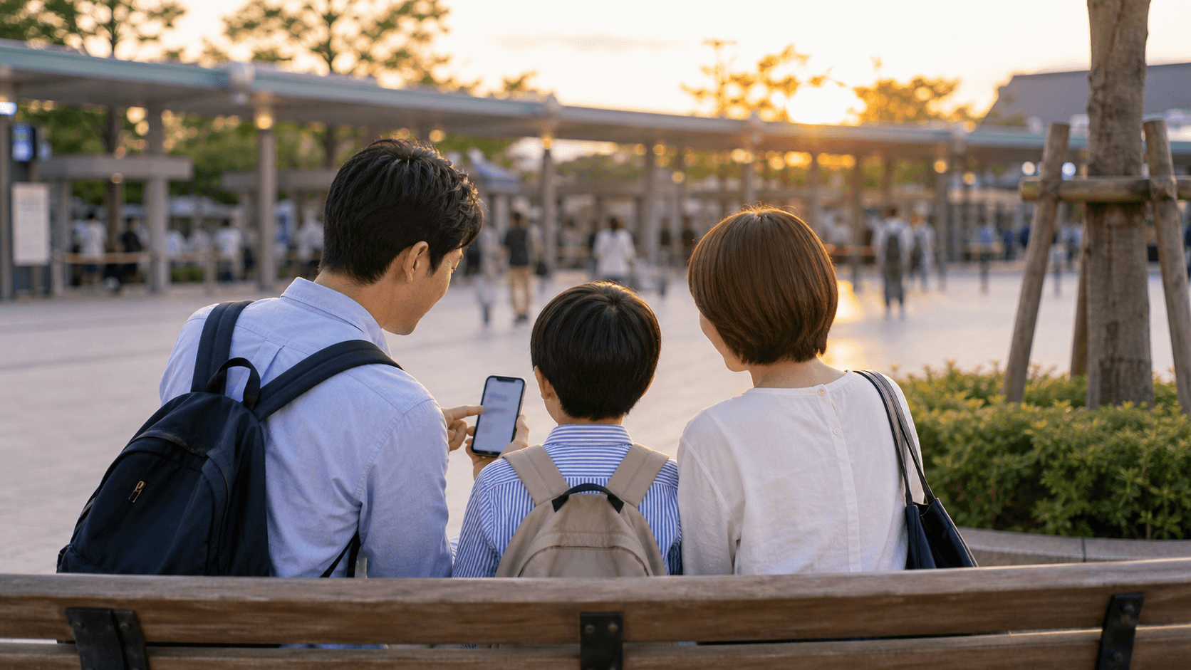 家族がテーマパーク帰りにスマホで決済履歴を確認している明るいイメージ