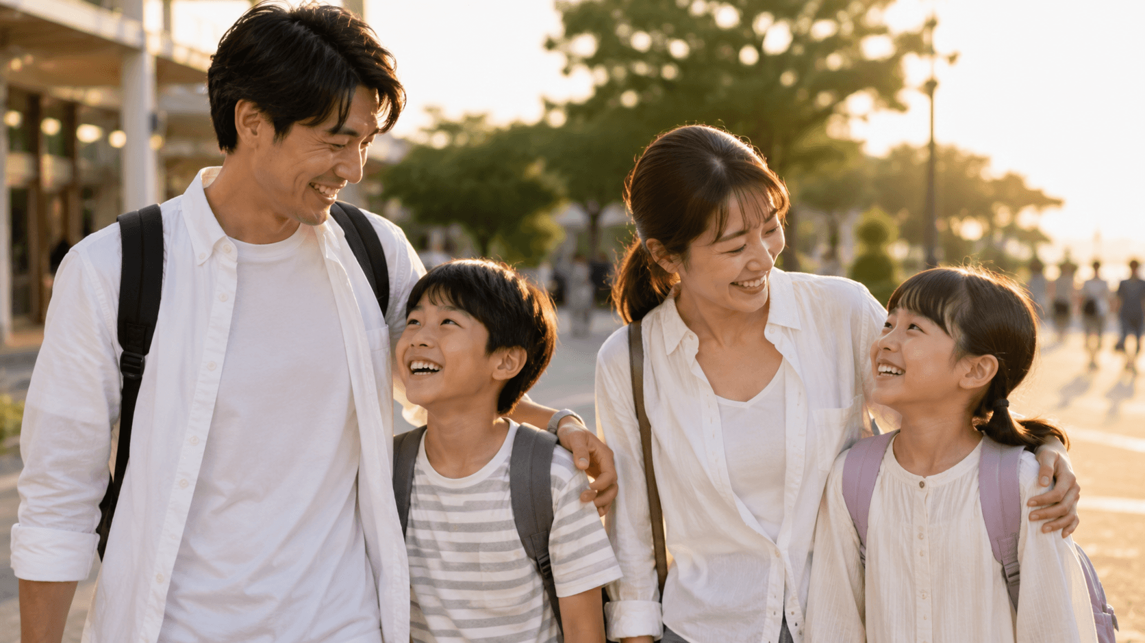一日を楽しんだあとに笑顔で過ごす家族のイメージ
