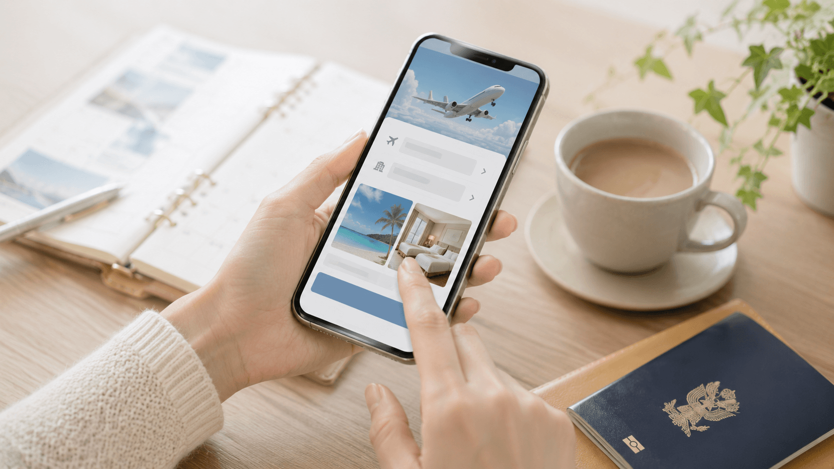 スマホで航空券やホテルを予約する旅行者のイメージ
