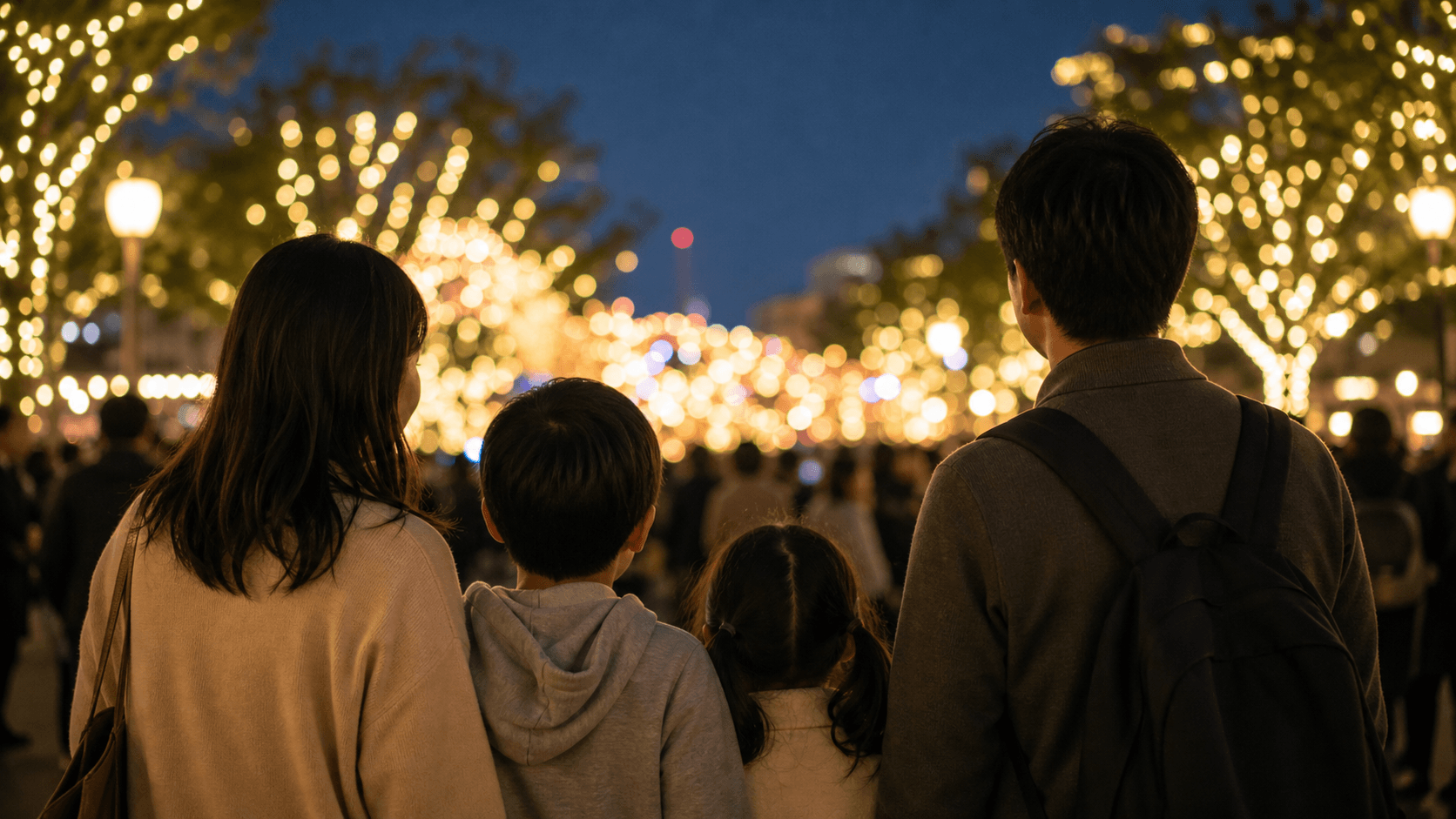 夜のテーマパークでパレードや特別な時間を楽しむ家族のイメージ