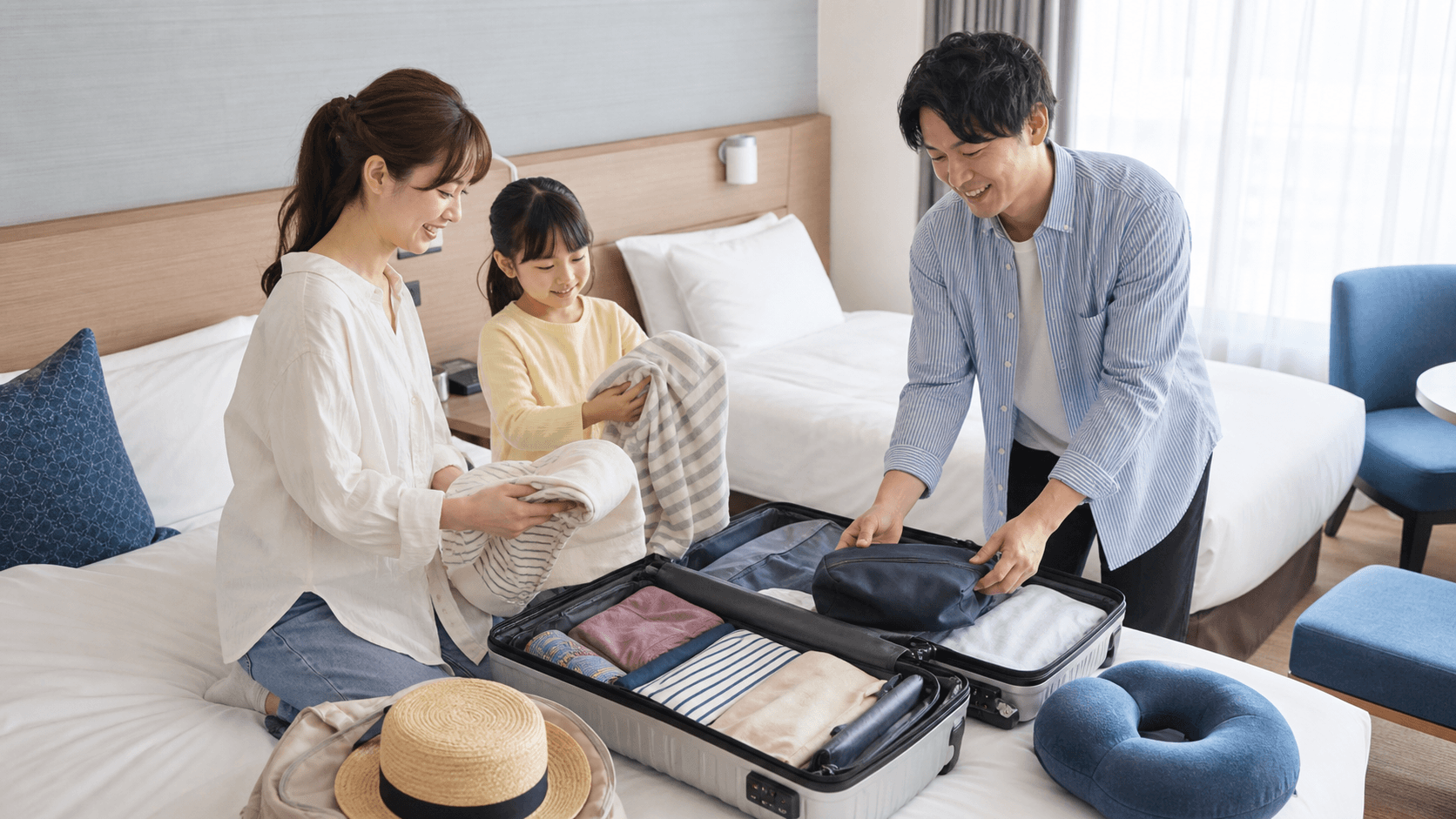 ホテルの客室で旅行の準備をする家族のイメージ