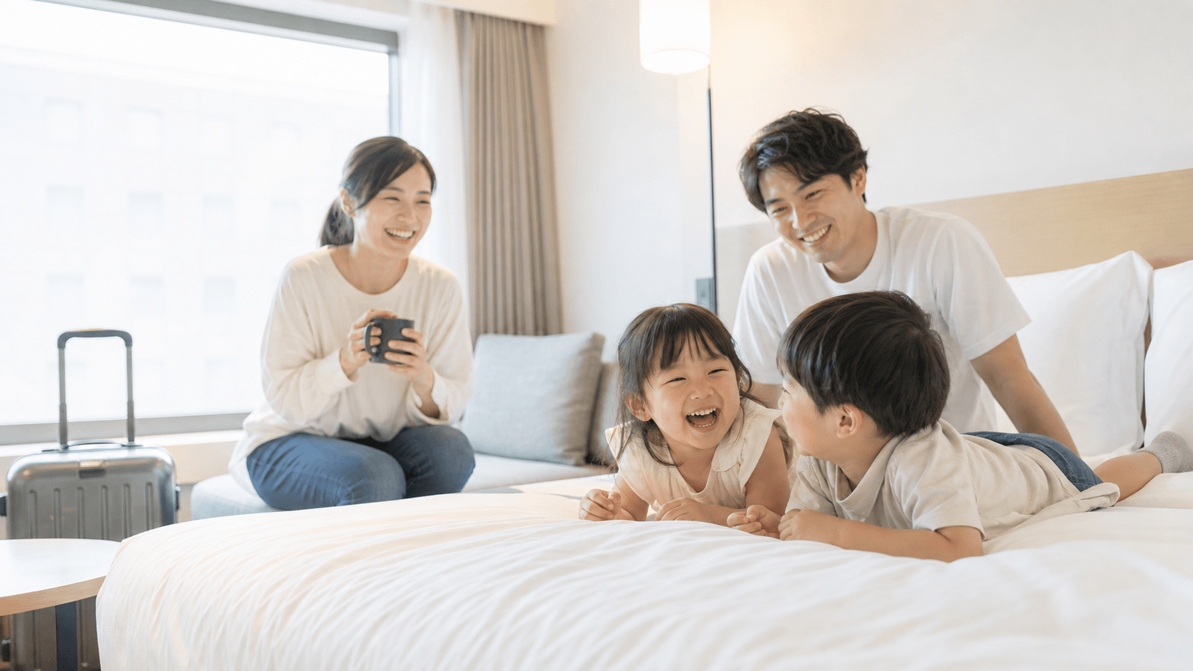ホテルの部屋で楽しそうに過ごす子どもと家族のイメージ