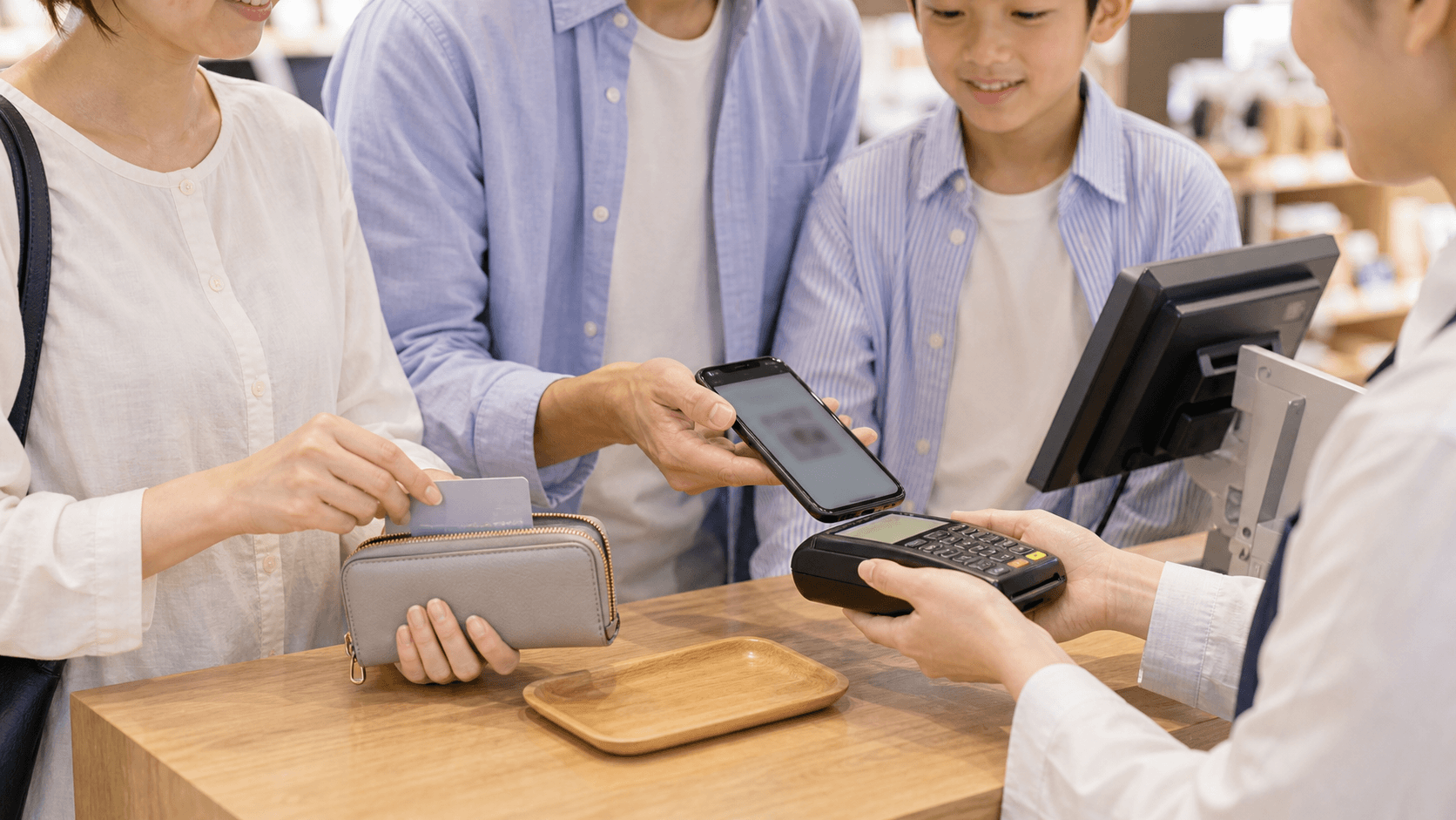 USJのレジ前で家族がスマホのQRコード決済画面を確認しながら支払い方法を選んでいるイメージ