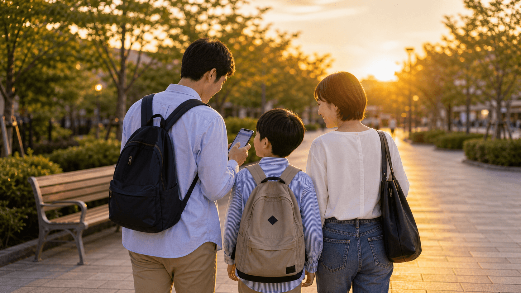 USJ旅行後に家族でスマホの決済履歴を確認しながら帰路につく明るいイメージ