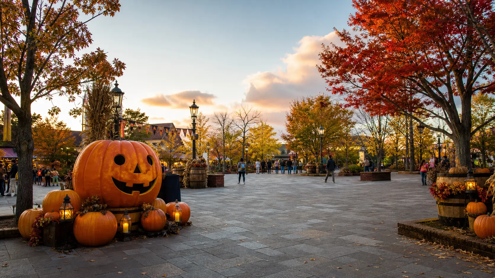 秋のハロウィン装飾が広がる遊園地の広場のイメージ