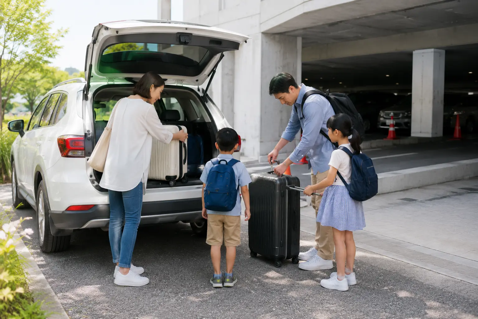 舞浜エリアのホテル駐車場で家族の荷物をおろす場面のイメージ