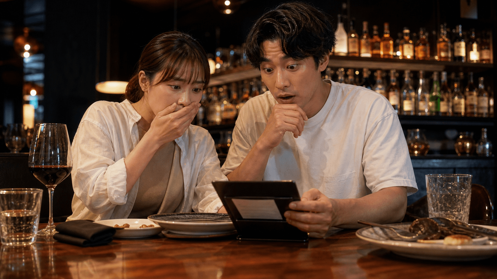 A traveler shocked at seeing an unexpectedly high bill in a nightlife district