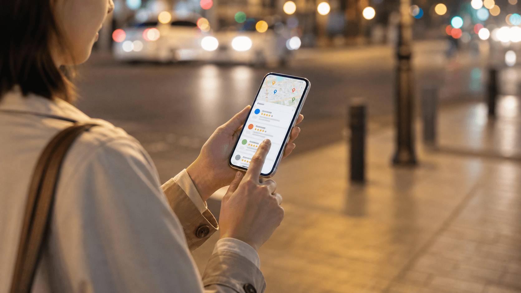 A traveler checking shop reviews and contact numbers on a smartphone