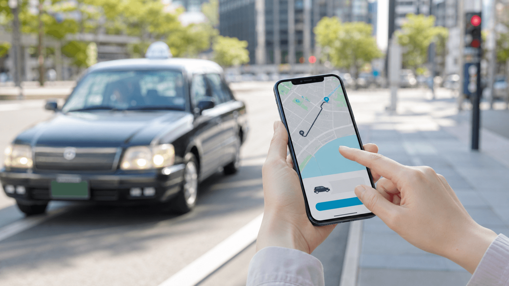 A traveler ordering a legitimate taxi using a smartphone dispatch app