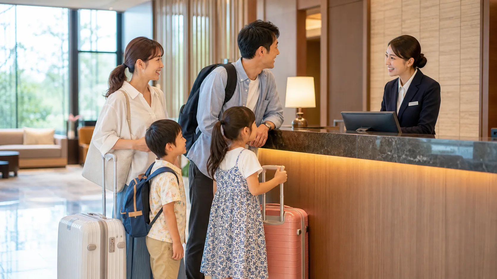 夏の家族旅行でホテルにチェックインする親子のイメージ
