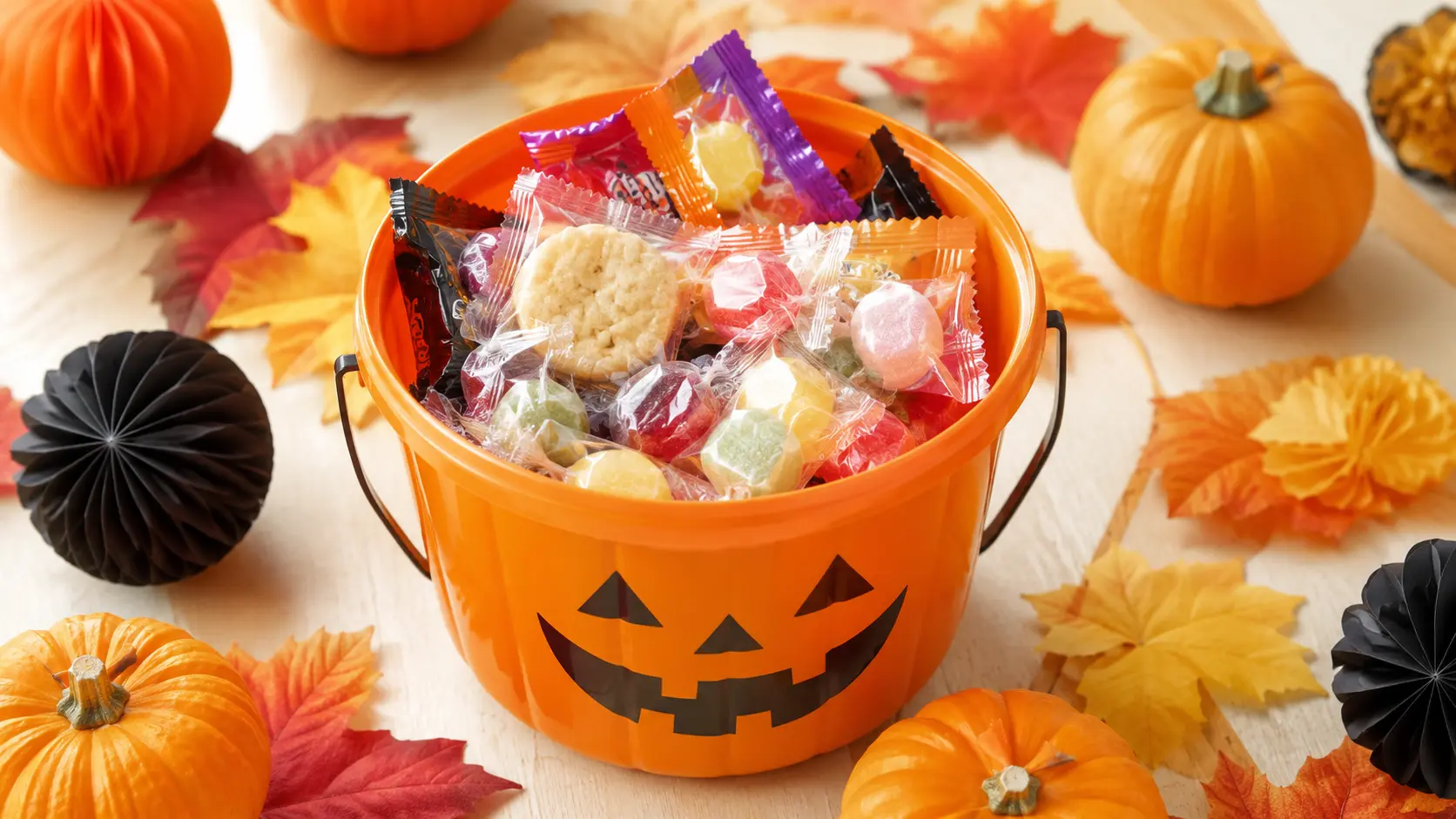 ハロウィンのお菓子集めイメージとカボチャ装飾のフラットレイ