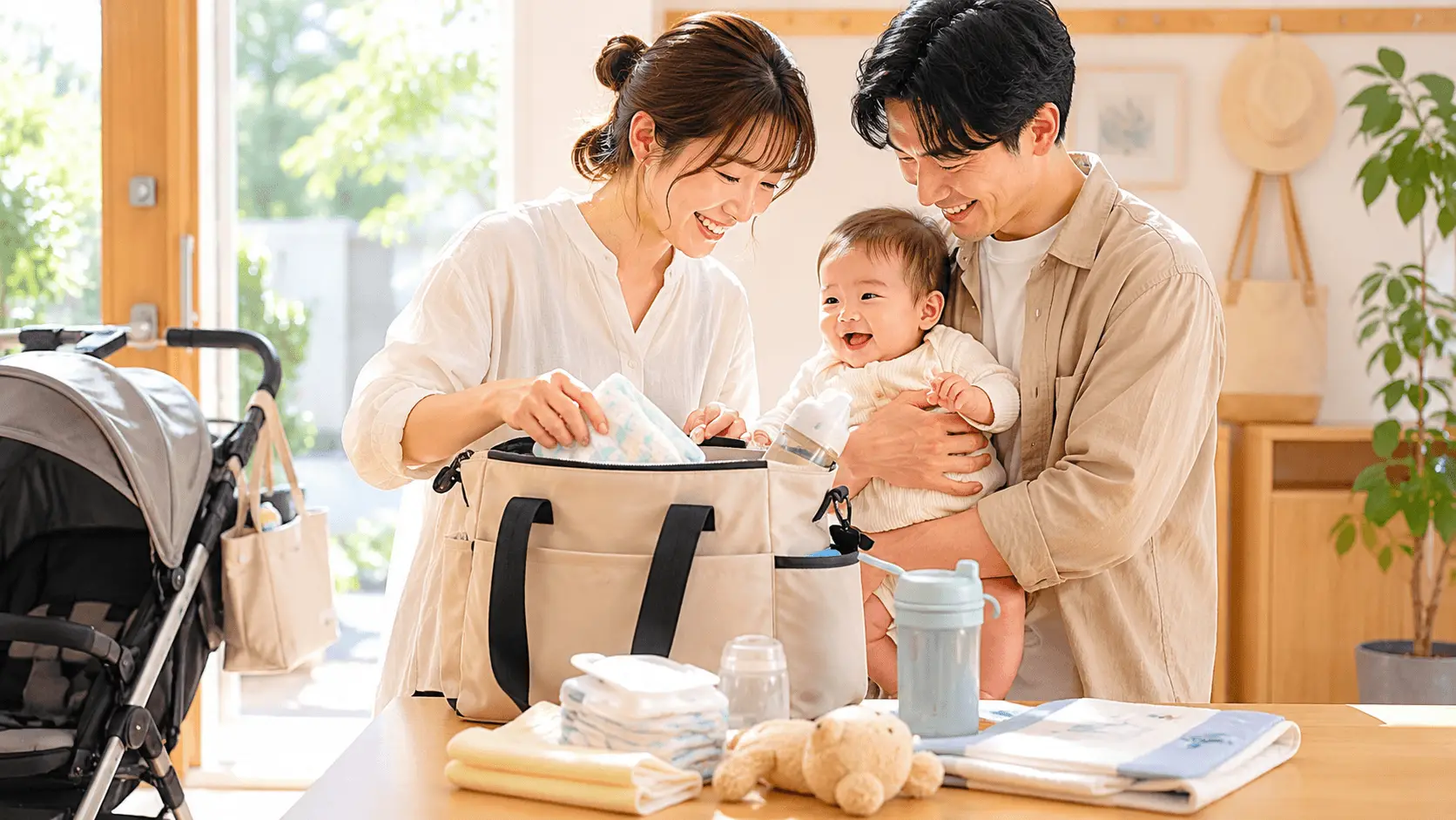 赤ちゃん連れでおでかけ準備をする家族