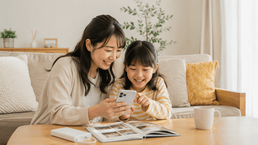 リビングでスマートフォンを見ながら旅行の計画を楽しむ母と娘