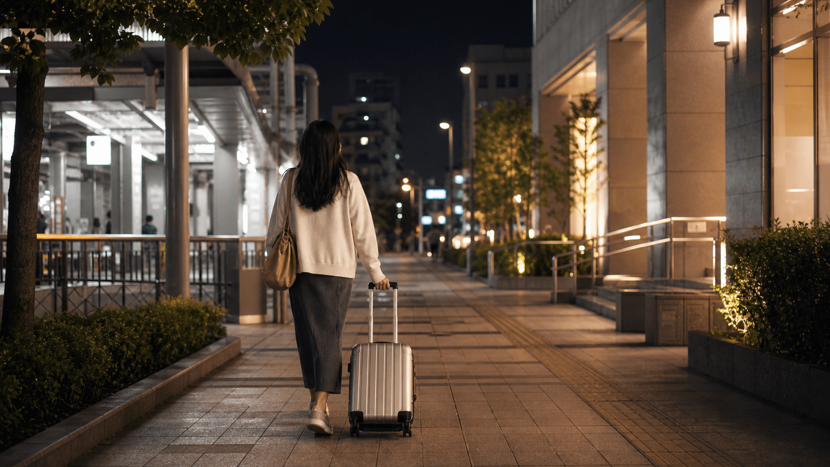 夜のパーク帰りにホテル方面へ向かう旅行者のイメージ