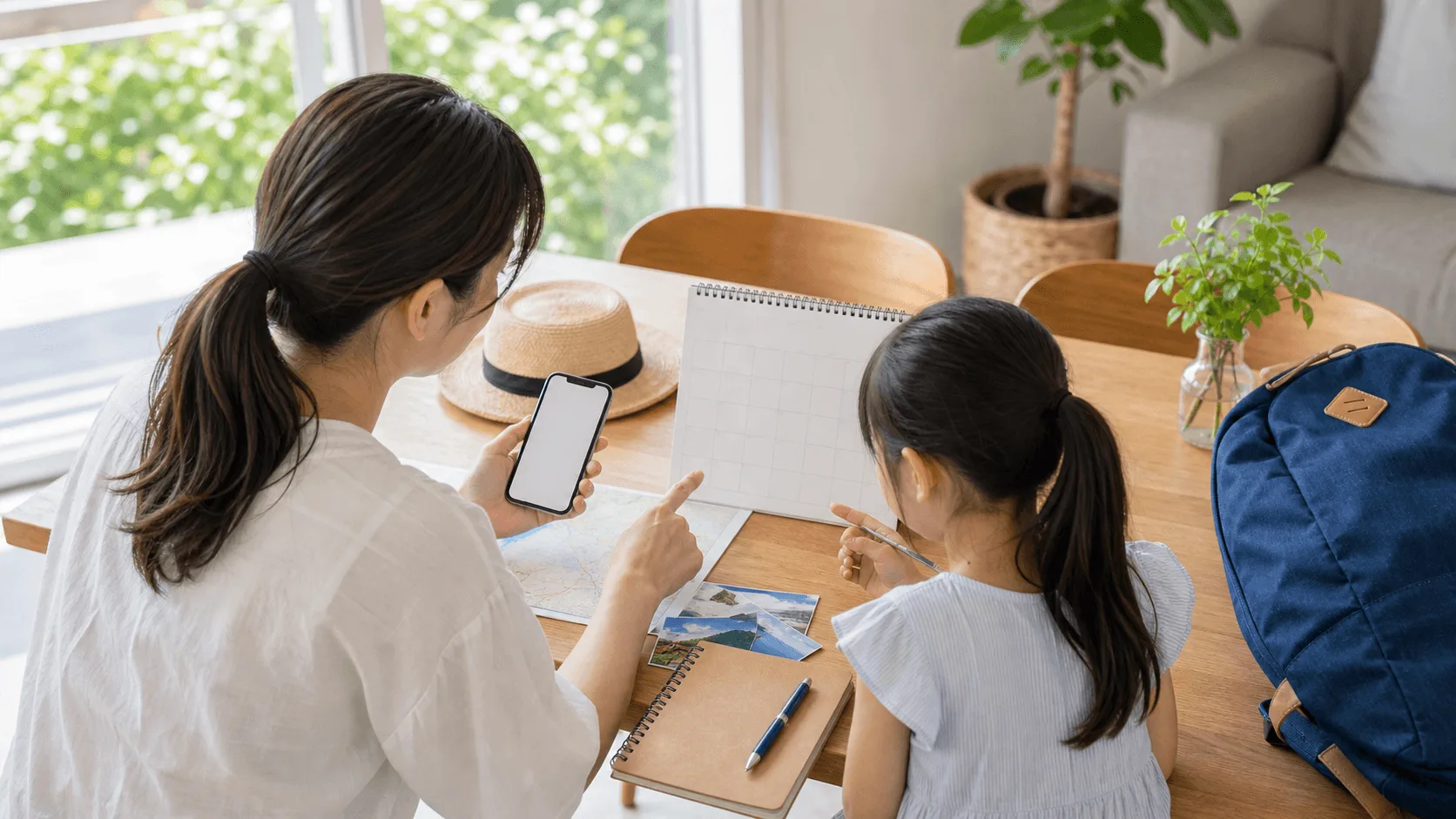 運休・休止情報をスマートフォンで確認する家族のイメージ