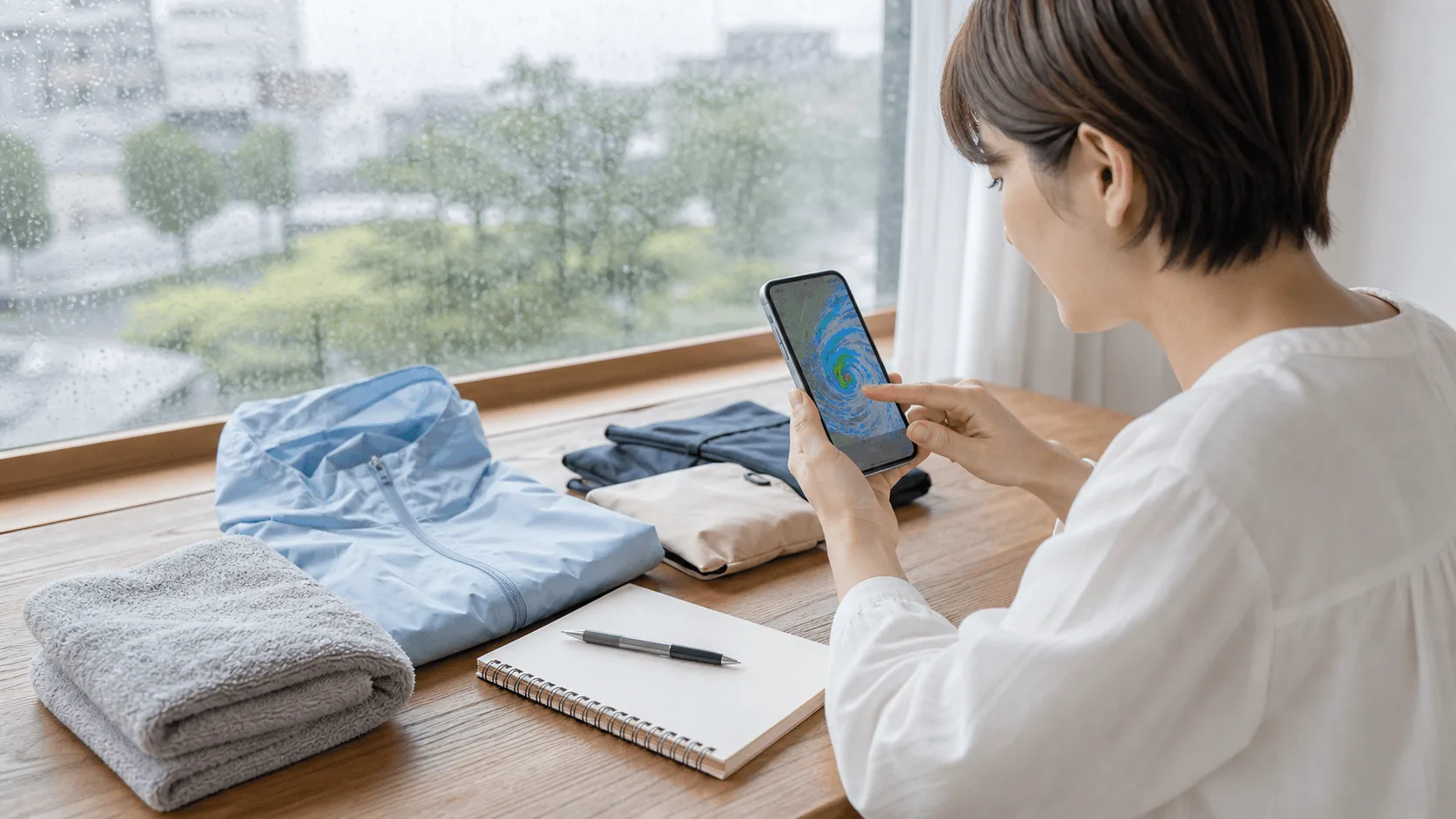 雨の窓辺でスマートフォンの気象情報を見ながら持ち物を準備する様子
