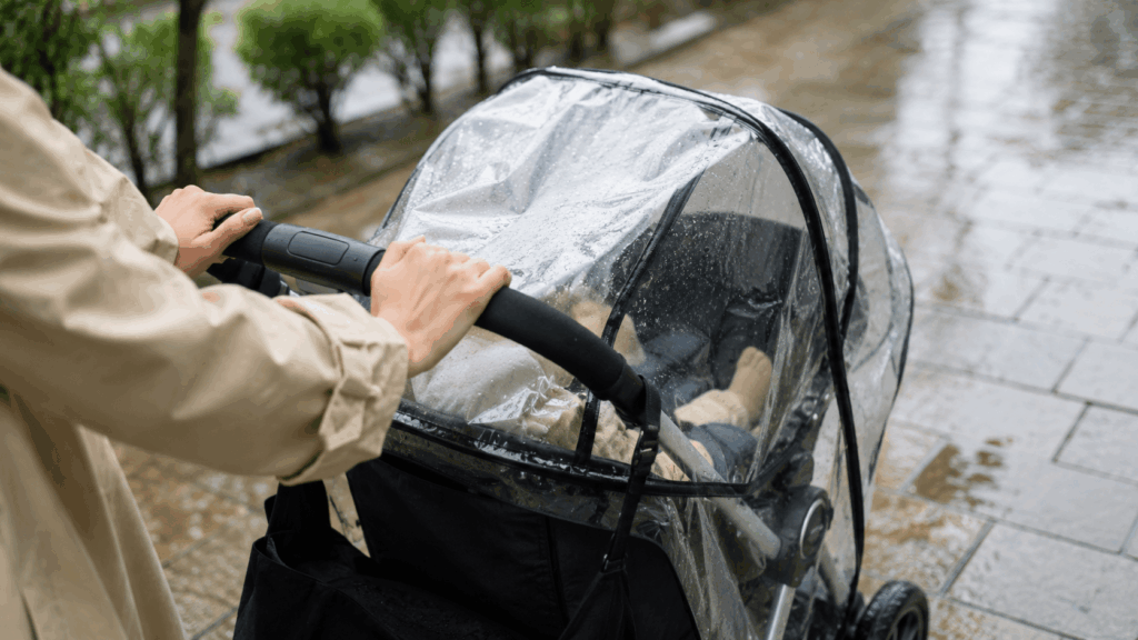 レインカバーを装着したベビーカーを押すママの手元・梅雨の旅先イメージ