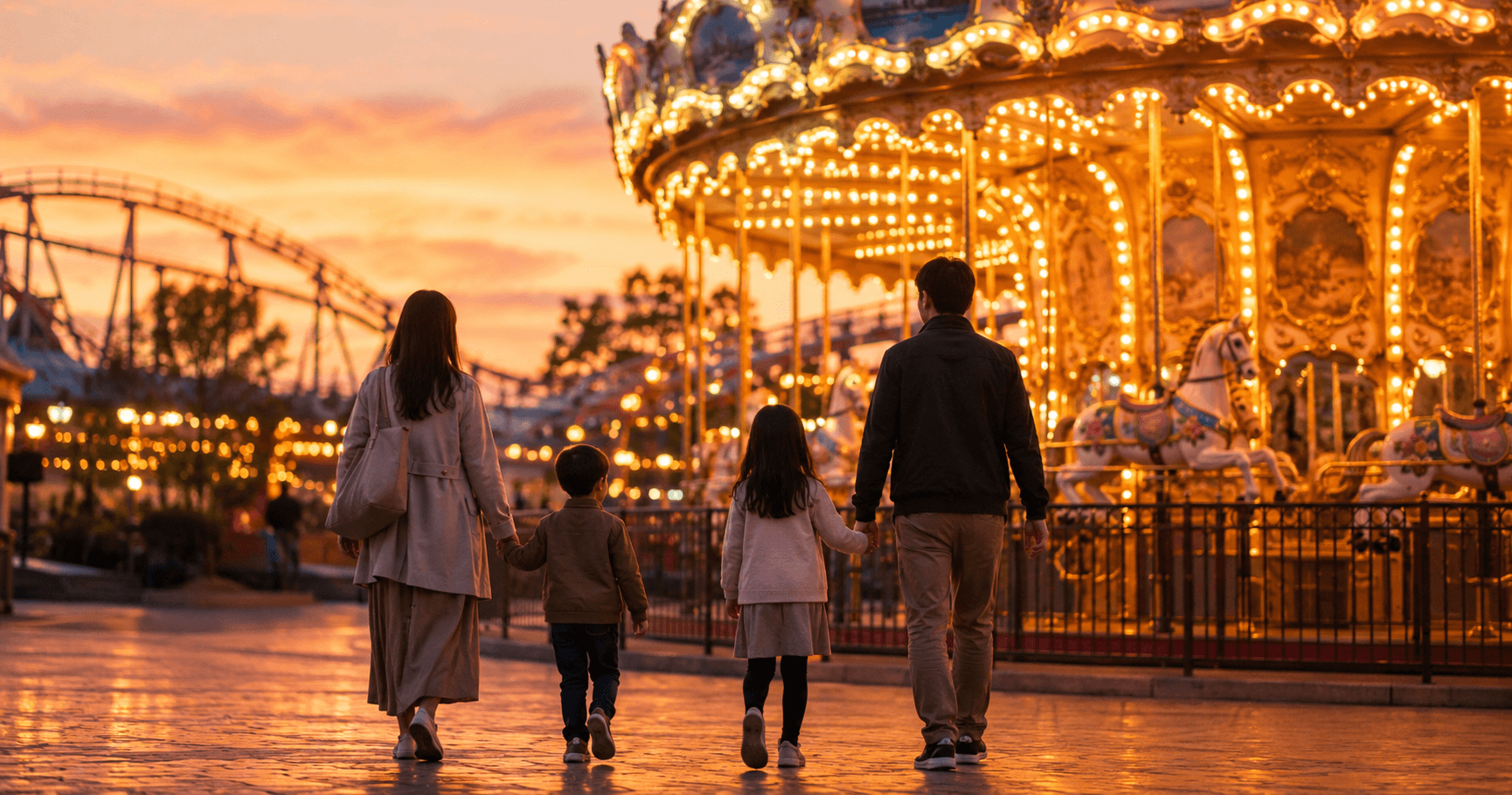 An image of a family looking at a carousel in a Tokyo Disneyland-style park at dusk