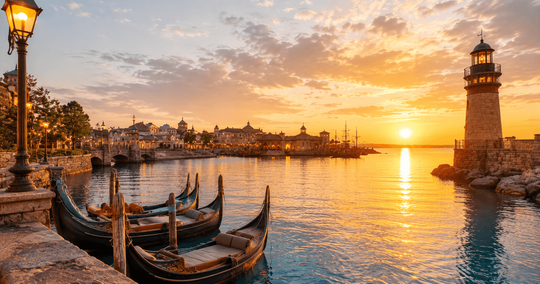 A travel image evoking Tokyo DisneySea, with a view of a harbor at dusk