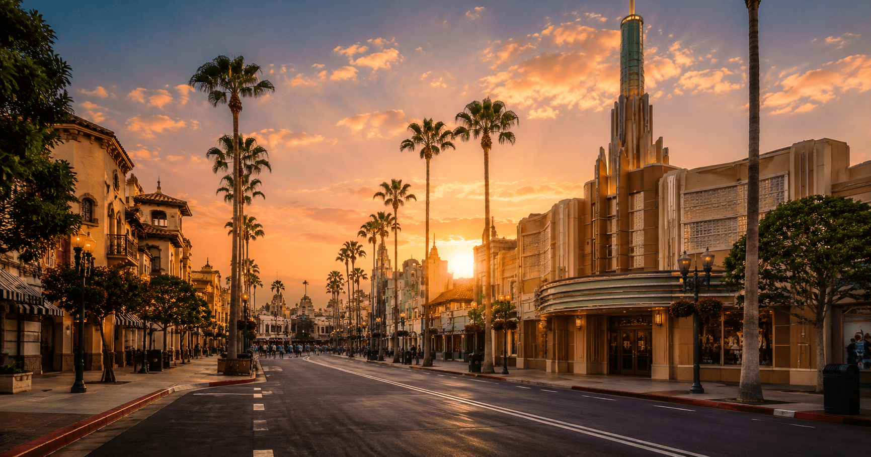 An image of a USJ-style street and movie studio area at dusk