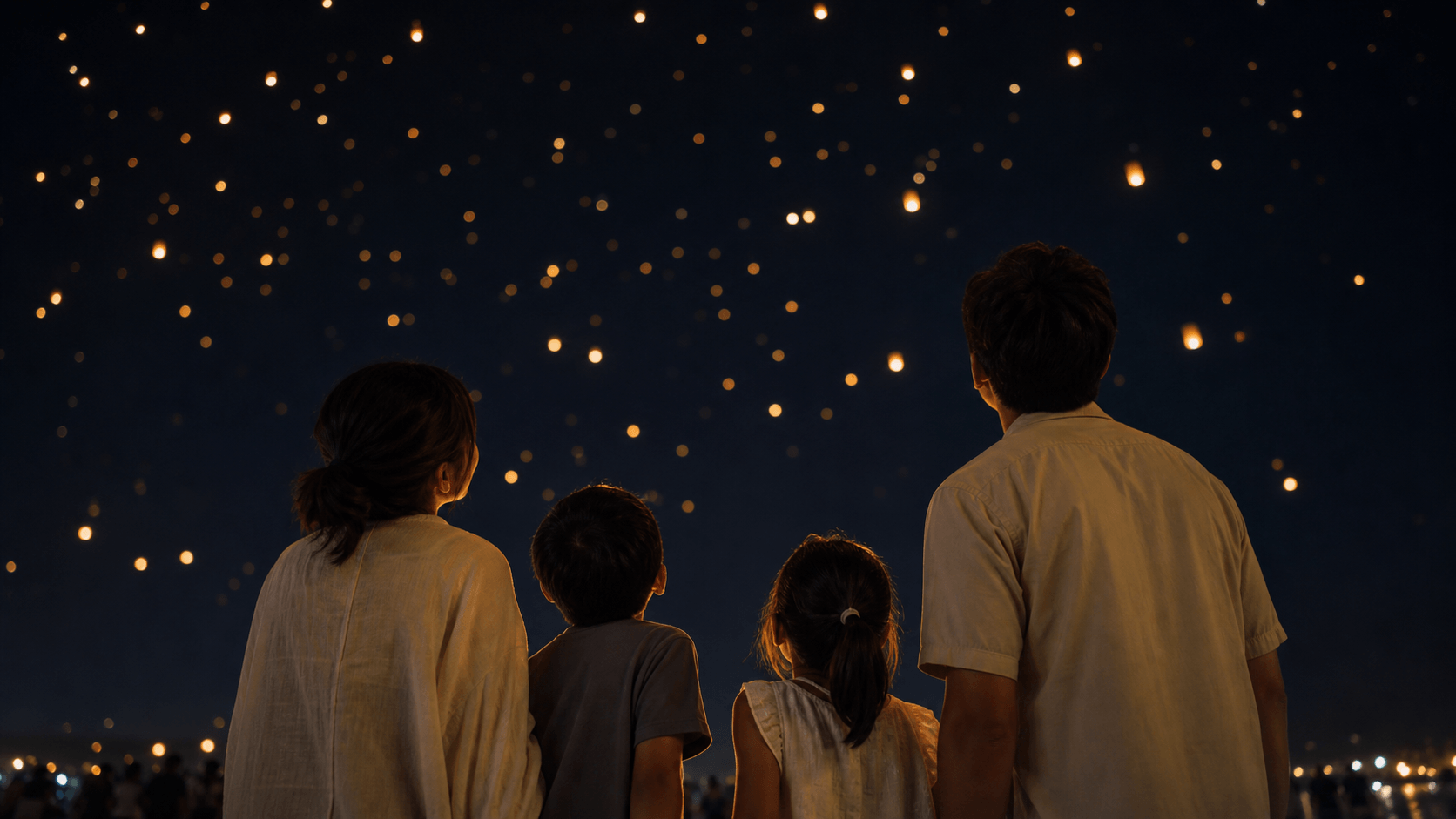 8月 ディズニーランド 夜空の演出を見上げる家族