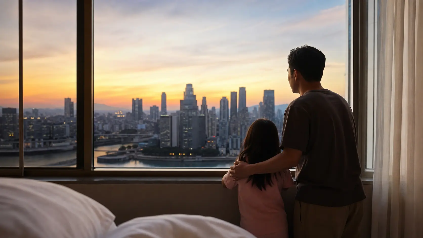 夏休みにホテルの窓から景色を眺める親子のイメージ
