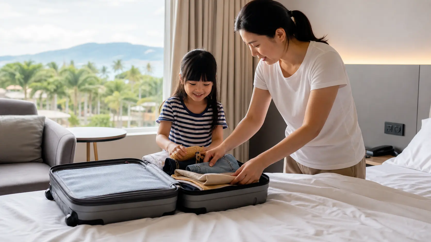 夏休みにホテルの部屋で荷物を整理する親子のイメージ