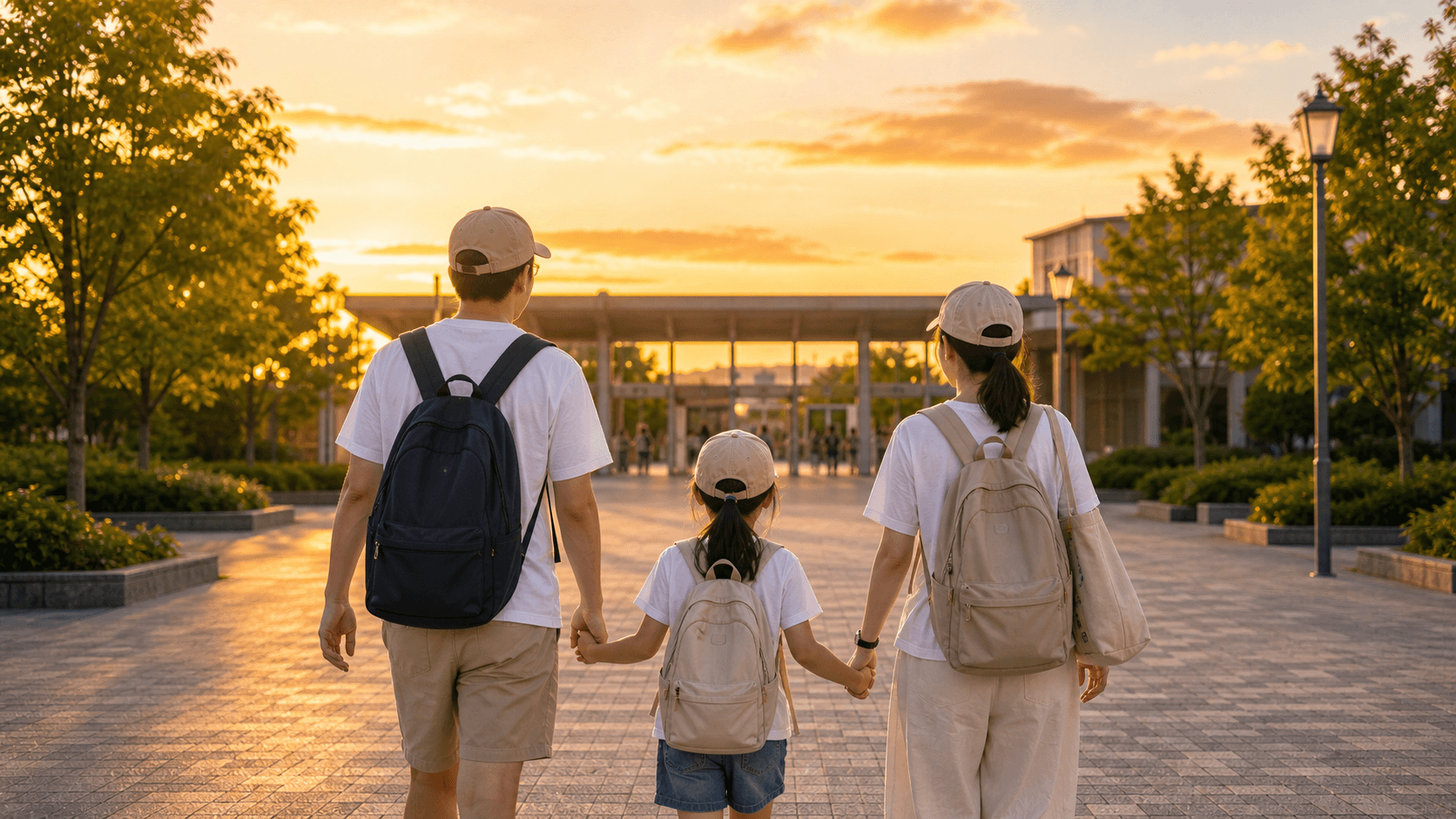 夏の夕方にテーマパークの入り口に向かって歩く家族連れ
